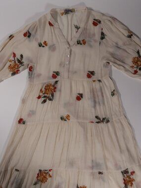 Cream Floral Tiered Boho Dress with Red & Mustard Flowers